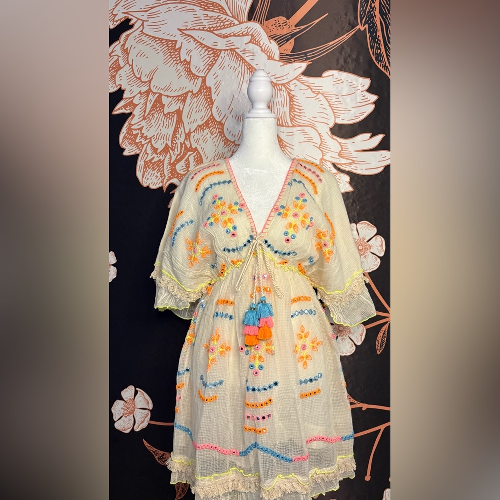 Papa Pia Luxe Cream Mini Dress with Neon Embroidery & Mirror Accent Detail